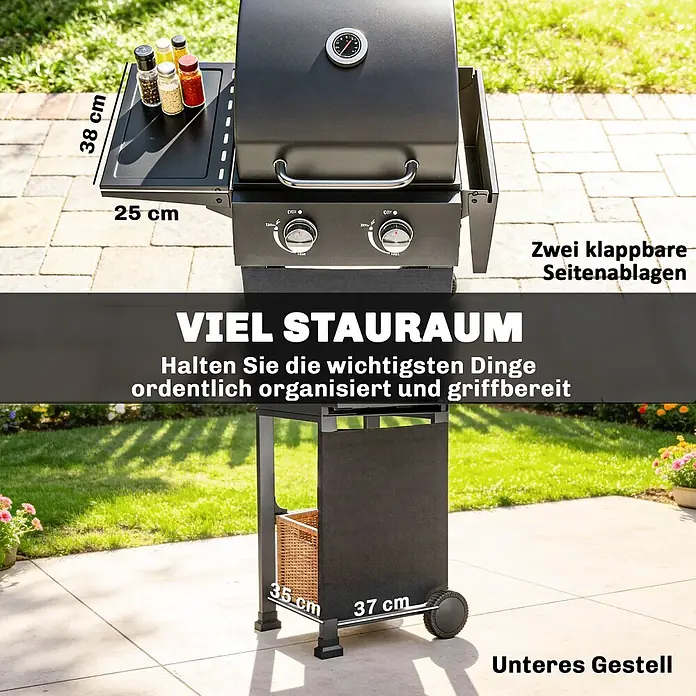 Outsunny Gasgrill - Anzahl Brenner: 2 Stk. - Schwarzer Gasgrill mit klappbaren Seitenablagen, Untergestell und Rollen, auf einer Terrasse.