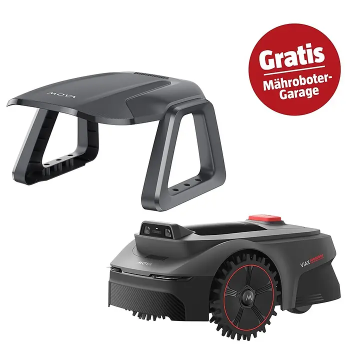 Mova Mähroboter-Set Viax 300 - 300 m², Schnittbreite: 20 cm, Kamera-gestützte Navigation - Dunkelgrauer Mähroboter mit roten Akzenten und passende Garage, mit Carbonfaser-Textur. Inklusive „Gratis Mähroboter-Garage“-Badge.