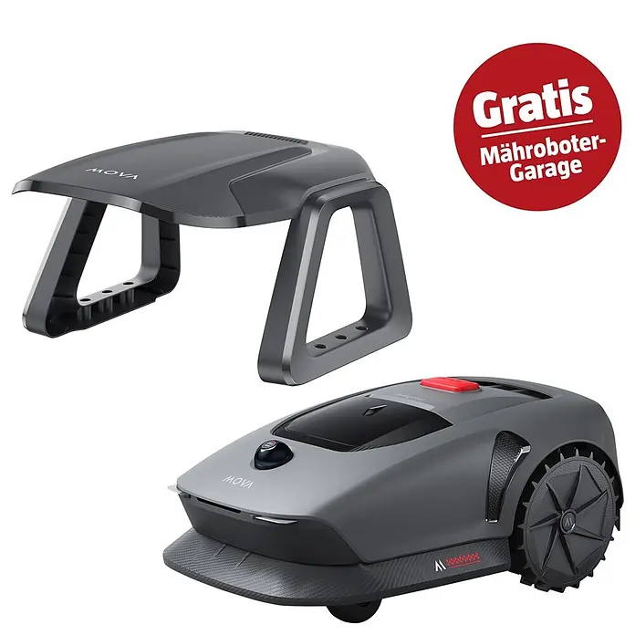 Mova Mähroboter-Set 600 Plus - 600 m², Schnittbreite: 20 cm, Laser-gestützte Navigation, LiDAR - Dunkelgrauer Mähroboter mit rotem Stopp-Knopf und passendem Unterstand.