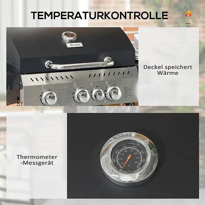 Outsunny Gasgrill - 3 kW, Anzahl Brenner: 3 Stk. - Schwarzer Gasgrill mit integriertem Thermometer zur Temperaturkontrolle und wärmespeicherndem Deckel.
