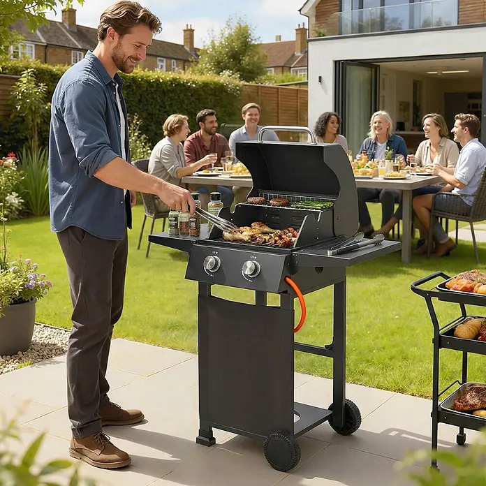 Outsunny Gasgrill - Anzahl Brenner: 2 Stk. - Ein Mann grillt lächelnd Essen auf einem schwarzen Gasgrill im Garten, während Freunde im Hintergrund an einem Tisch essen.