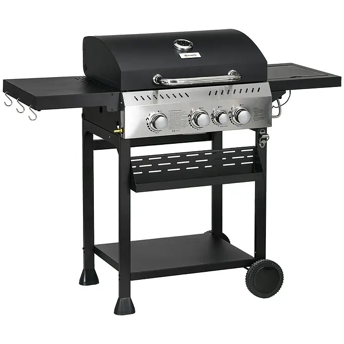 Outsunny Gasgrill - 3 kW, Anzahl Brenner: 3 Stk. - Schwarzer Gasgrill mit Edelstahl-Bedienfeld, Deckelthermometer, Seitenablagen, Haken und Rädern.