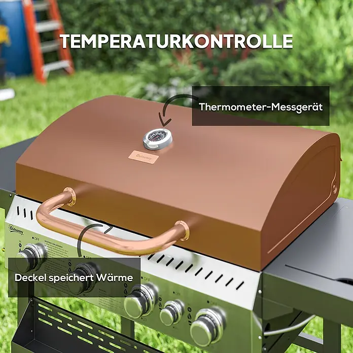 Outsunny Gasgrill - Anzahl Brenner: 4 Stk. - Ein Gasgrill mit kupferfarbenem Deckel, integriertem Thermometer und Regelknöpfen zur Temperaturkontrolle, im Garten.