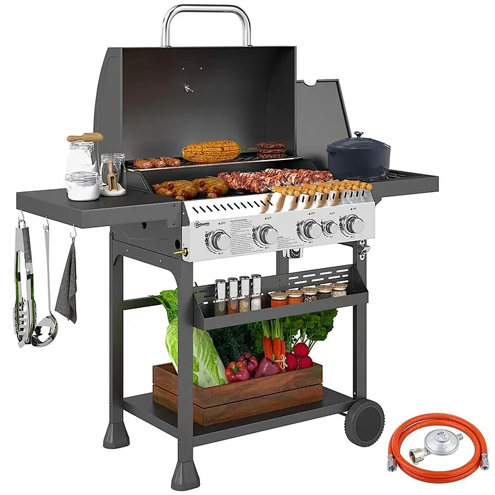 Outsunny Gasgrill - Anzahl Brenner: 4 Stk. - Dunkelgrauer Gasgrill mit Edelstahlakzenten, darauf kochendes Essen, seitlichen Ablagen und Gemüselagerung. Inkl. Gasschlauch und Regler.