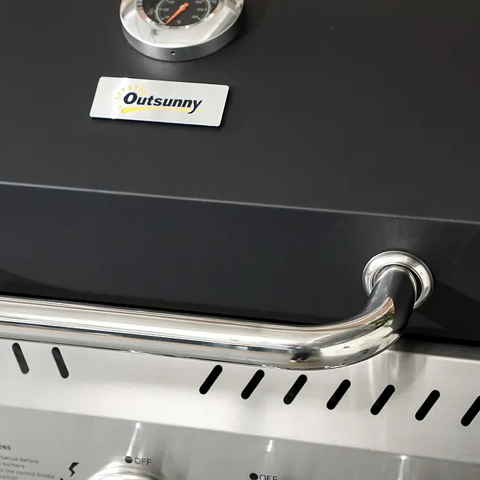 Outsunny Gasgrill - 3 kW, Anzahl Brenner: 3 Stk. - Nahaufnahme eines schwarzen Outsunny Gasgrills mit Edelstahlgriff, Bedienfeld und sichtbarem Thermometer.