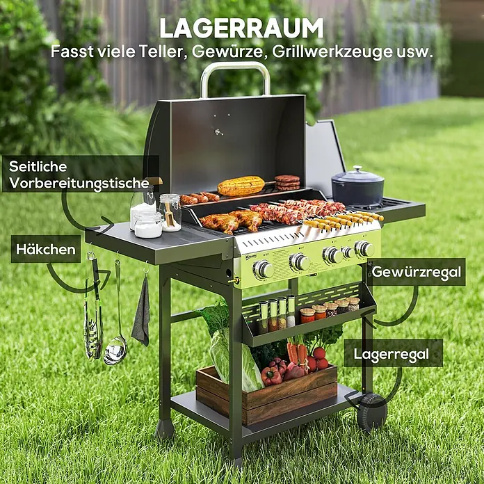 Outsunny Gasgrill - Anzahl Brenner: 4 Stk. - Schwarzer Gasgrill mit Seitentischen, Haken, Gewürzregal und unterer Ablage beim Grillen von Speisen.