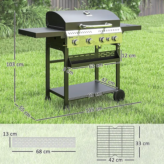 Outsunny Gasgrill - Anzahl Brenner: 4 Stk. - Schwarzer Gasgrill mit 3 Brennern, Seitenablagen und unteren Ablagen; Maße sind gezeigt.