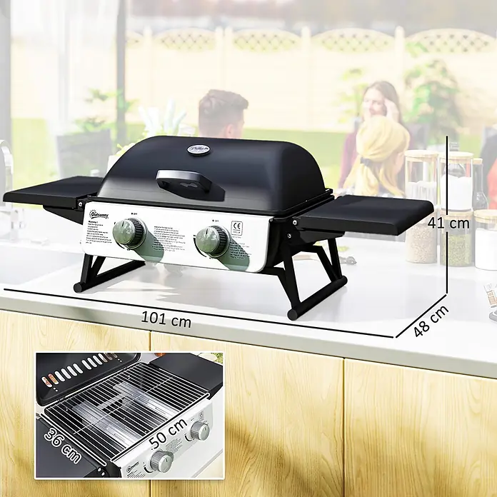 Outsunny Gasgrill - Anzahl Brenner: 2 Stk. - Schwarz-weißer tragbarer Gasgrill auf einer Theke, Maße 101x48x41 cm, Grillfläche 50x36 cm, in Outdoor-Umgebung.