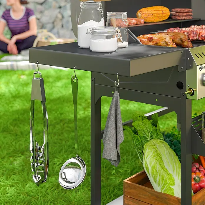 Outsunny Gasgrill - Anzahl Brenner: 4 Stk. - Dunkelgrauer Metall-Grill mit Seitenablage für Zutaten und Grillbesteck.
