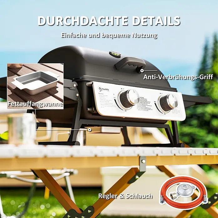 Outsunny Gasgrill - Anzahl Brenner: 2 Stk. - Schwarzer Gasgrill mit Verbrühungsschutzgriff, Fettauffangwanne und Gasregler/Schlauch für den Außeneinsatz.