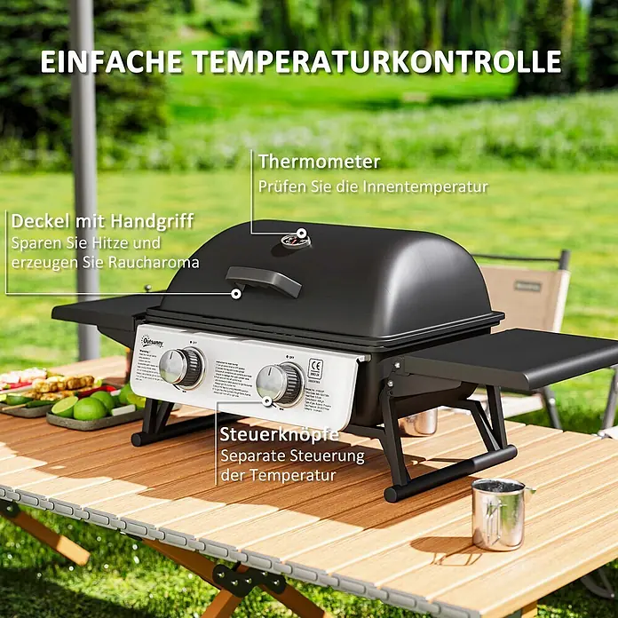 Outsunny Gasgrill - Anzahl Brenner: 2 Stk. - Schwarzer tragbarer Gasgrill mit Thermometer und separaten Temperaturreglern auf einem Holztisch im Freien.