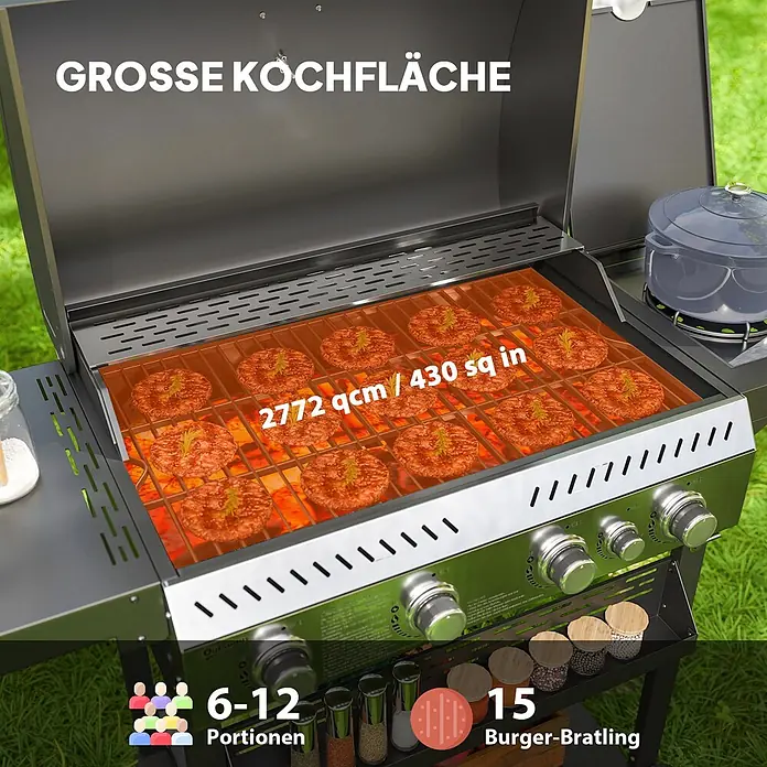 Outsunny Gasgrill - Anzahl Brenner: 4 Stk. - Schwarzer Gasgrill mit Edelstahlakzenten, viele Burger-Patties braten. Große Kochfläche (2772 qcm/430 sq in) für 6-12 Portionen oder 15 Burger.