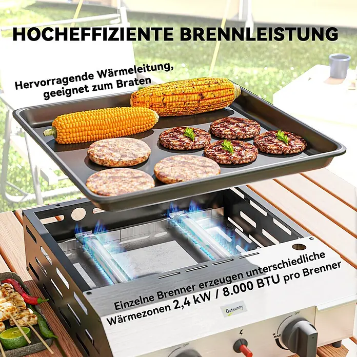 Outsunny Gasgrill - Anzahl Brenner: 2 Stk. - Tragbarer Gasherd mit zwei Brennern, schwarzem Rahmen und Edelstahlplatte, der Mais und Burger kocht.