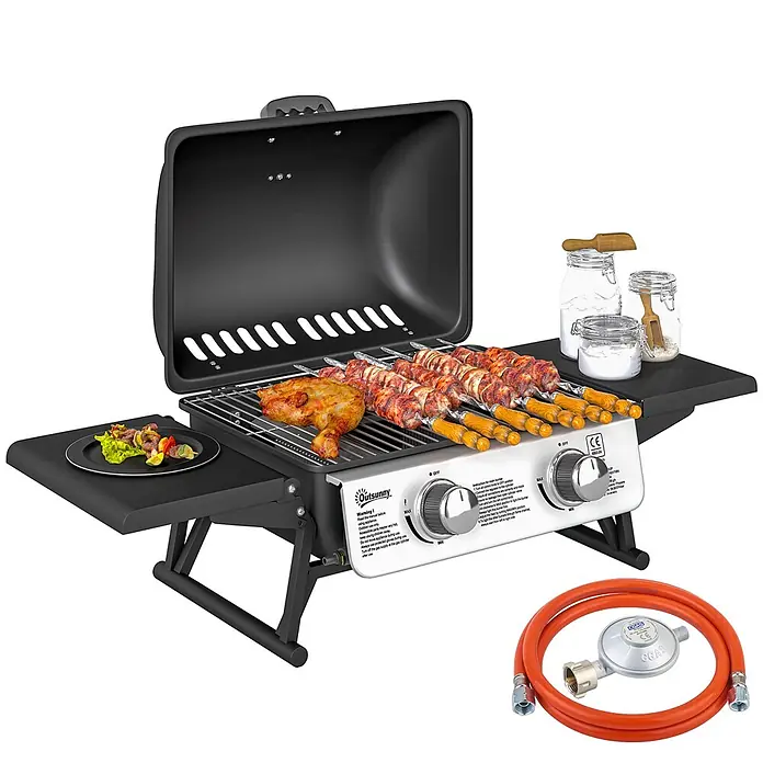 Outsunny Gasgrill - Anzahl Brenner: 2 Stk. - Tragbarer Gasgrill in Schwarz/Silber mit Hähnchen und Spießen, Schlauch und Regler. Mit Seitenablagen und Drehknöpfen.