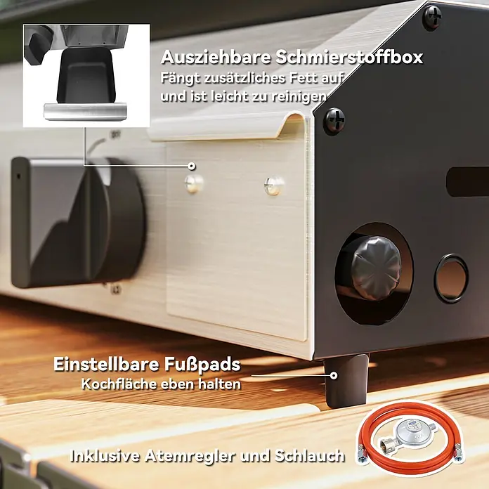 Outsunny Gasgrill - Anzahl Brenner: 2 Stk. - Nahaufnahme eines Gasgrills mit ausziehbarer Fettschublade, verstellbaren Füßen und beiliegendem Gasregler mit rotem Schlauch.