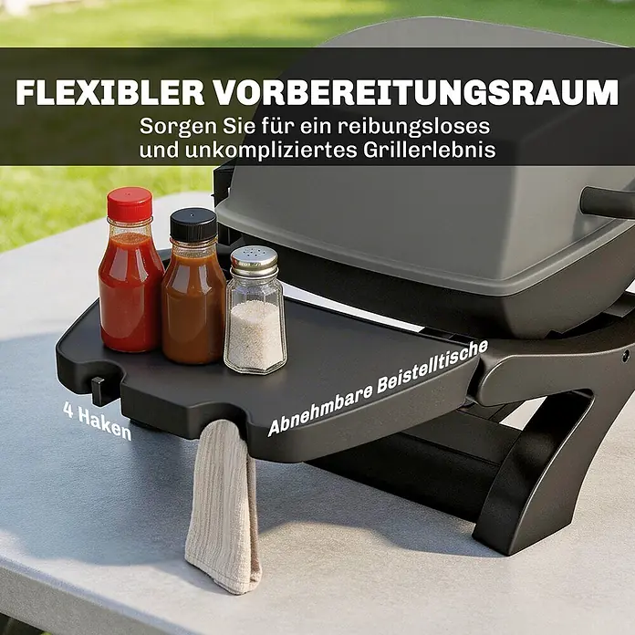 Outsunny Gasgrill - Anzahl Brenner: 1 Stk. - Dunkelgraue Grilleinheit mit zwei abnehmbaren Beistelltischen, auf denen Gewürze und ein Handtuch liegen, für flexiblen Arbeitsraum.