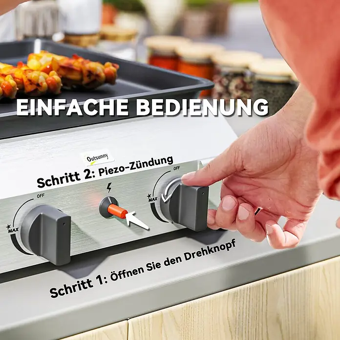 Outsunny Gasgrill - Anzahl Brenner: 2 Stk. - Eine Hand dreht einen Grillknopf, während eine andere den Zündknopf auf einem silbernen Bedienfeld drückt, was die einfache Bedienung demonstriert.