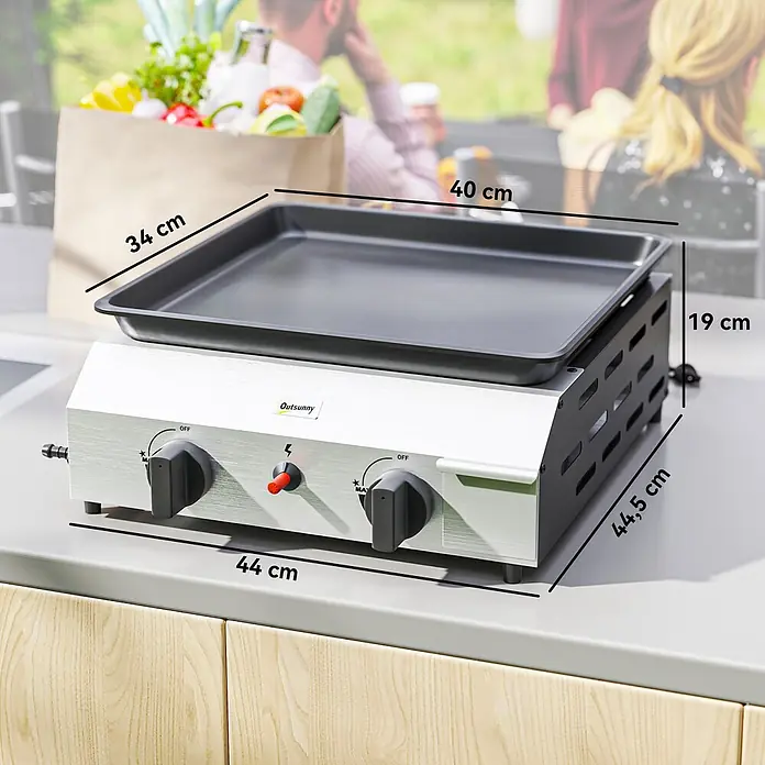 Outsunny Gasgrill - Anzahl Brenner: 2 Stk. - Tragbare silberne Gas-Grillplatte mit schwarzer Bratfläche, Maße 44x44,5x19 cm, Bratfläche 40x34 cm, für den Außenbereich.