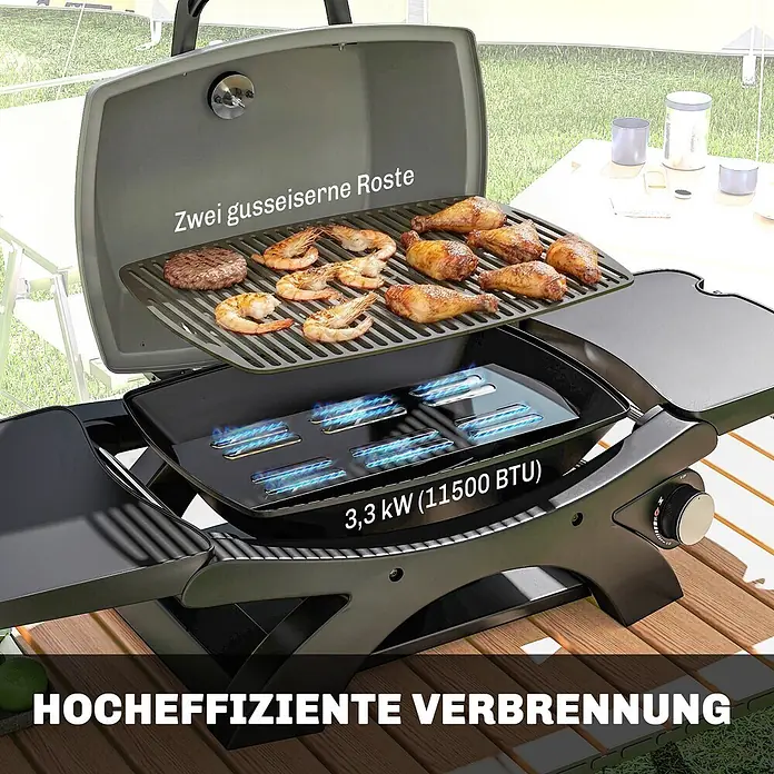 Outsunny Gasgrill - Anzahl Brenner: 1 Stk. - Offener Gasgrill mit zwei Gusseisenrosten, darauf braten Speisen, darunter blaue Flammen. Mit 3,3 kW (11500 BTU) und hocheffizienter Verbrennung.