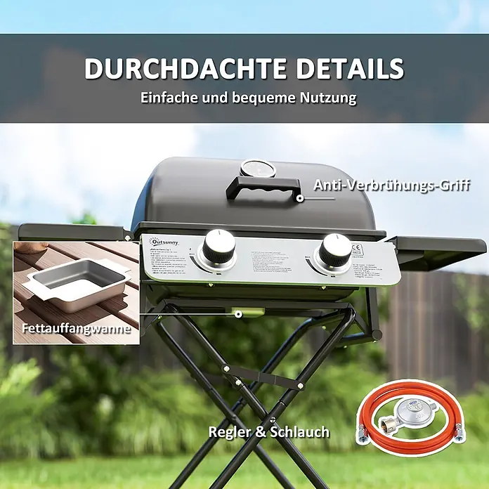Outsunny Gasgrill - Anzahl Brenner: 2 Stk. - Schwarzer Gasgrill mit silbernen Bedienelementen, hervorhebend Fettauffangwanne, Verbrühungsschutzgriff, Regler und Schlauch im Freien.