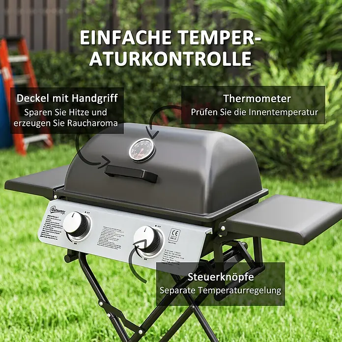 Outsunny Gasgrill - Anzahl Brenner: 2 Stk. - Schwarzer und silberner tragbarer Gasgrill mit Thermometer und Drehreglern.