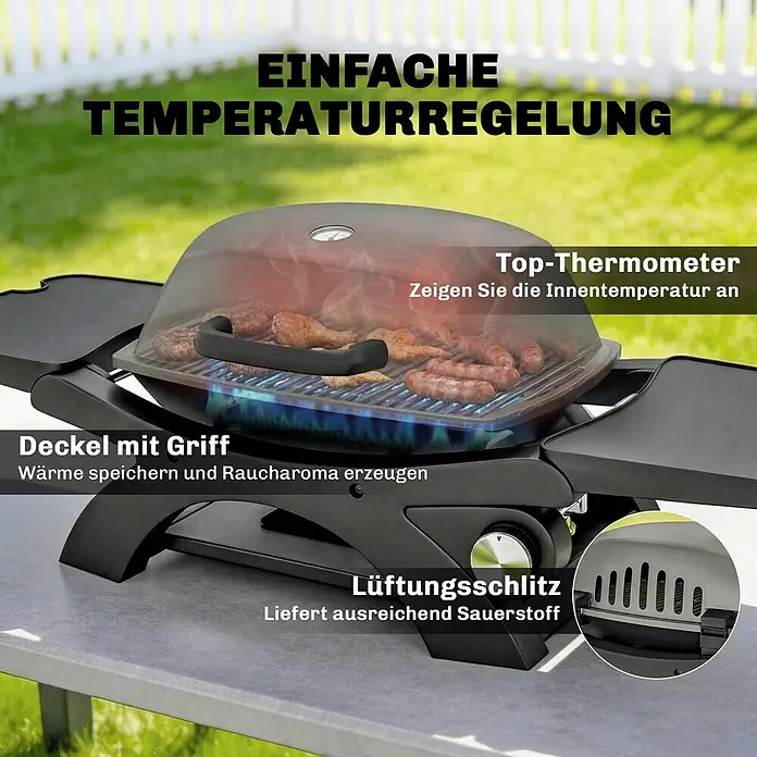 Outsunny Gasgrill - Anzahl Brenner: 1 Stk. - Schwarzer tragbarer Grill, der Würstchen und Hühnchen über Flammen gart, mit Deckel, Thermometer und Lüftungsschlitz für einfache Temperaturregelung.