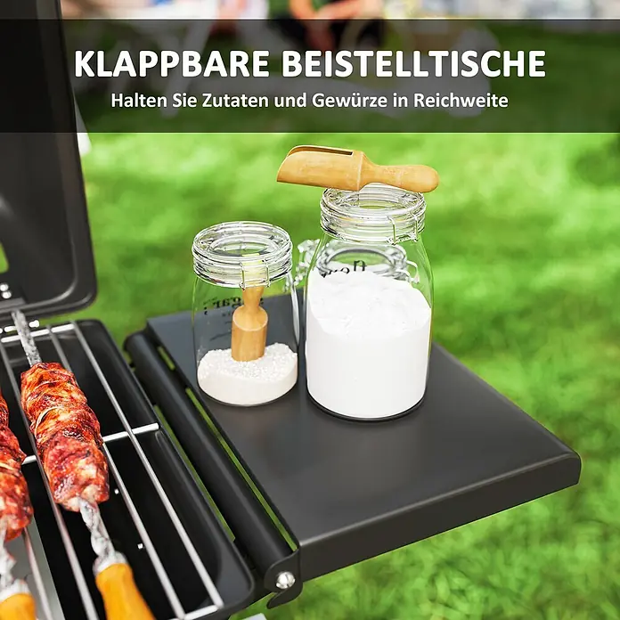 Outsunny Gasgrill - Anzahl Brenner: 2 Stk. - Klappbarer schwarzer Beistelltisch am Grill, der Gewürzgläser zum Kochen bereithält.