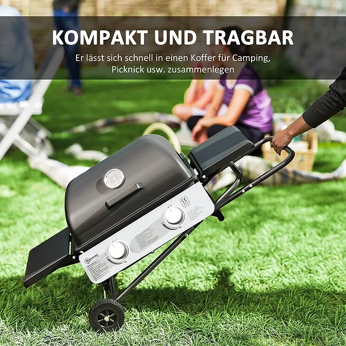 Outsunny Gasgrill - Anzahl Brenner: 2 Stk. - Schwarzer Gasgrill mit Rädern, von einer Person gezogen, ideal für Camping.
