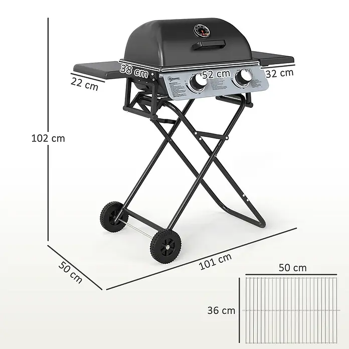 Outsunny Gasgrill - Anzahl Brenner: 2 Stk. - Schwarzer tragbarer Gasgrill mit zwei Brennern, Ablagen, Temperaturanzeige und Rädern, mit Produktmaßen.