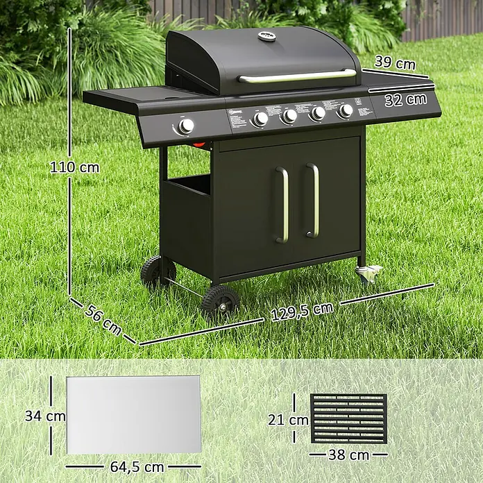 Outsunny Gasgrill - Anzahl Brenner: 4 Stk. - Schwarzer Gasgrill mit Seitenablagen, Unterschrank und Rollen, mit detaillierten Maßen dargestellt.