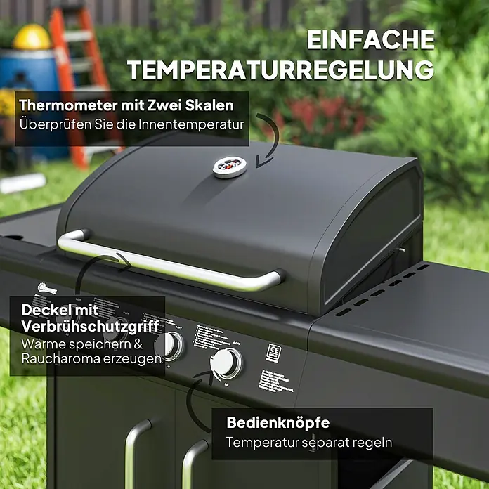 Outsunny Gasgrill - Anzahl Brenner: 4 Stk. - Schwarzer Grill mit Deckel, integriertem Thermometer und Bedienknöpfen für einfache Temperaturregelung beim Grillen im Garten.