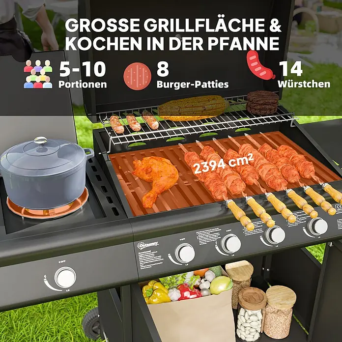Outsunny Gasgrill - Anzahl Brenner: 4 Stk. - Schwarzer Gasgrill mit großer 2394 cm² Grillfläche und Seitenbrenner, der diverse Speisen für 5-10 Personen zubereitet.