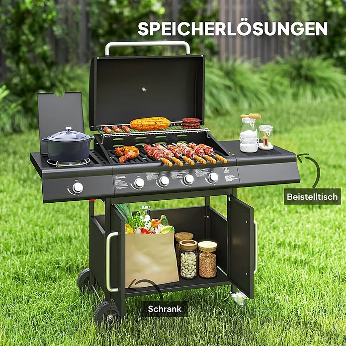 Outsunny Gasgrill - Anzahl Brenner: 4 Stk. - Schwarzer Gasgrill mit kochendem Essen, Beistelltisch und integriertem Lagerschrank.