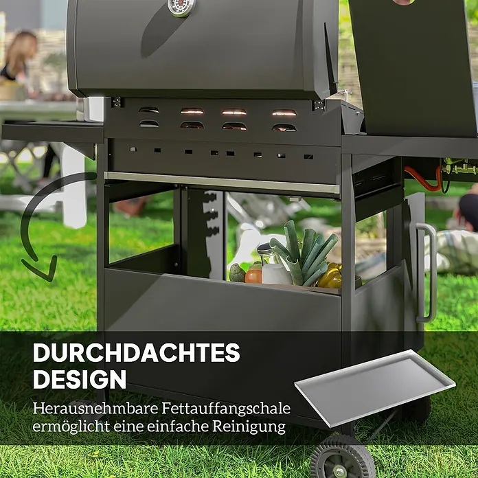 Outsunny Gasgrill - Anzahl Brenner: 4 Stk. - Dunkelgrauer Metallgrill mit sichtbarer, herausnehmbarer Fettauffangschale zur einfachen Reinigung.