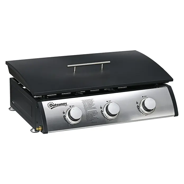 Outsunny Gasgrill - Anzahl Brenner: 3 Stk. - Outsunny 3-Flammen-Gasgrillplatte mit schwarzem Deckel und Edelstahl-Bedienfeld.