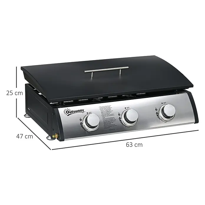 Outsunny Gasgrill - Anzahl Brenner: 3 Stk. - Tragbarer Gasgrill mit schwarzem Deckel, Bedienfeld aus Edelstahl und drei Brennern, 63x47x25 cm.