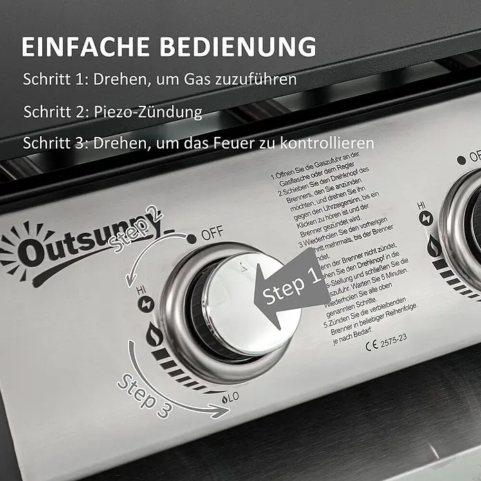 Outsunny Gasgrill - Anzahl Brenner: 3 Stk. - Edelstahl-Gasgrill-Bedienfeld mit silbernem Drehknopf und deutschen Anweisungen zur Zündung, Gaszufuhr und Flammenregelung.