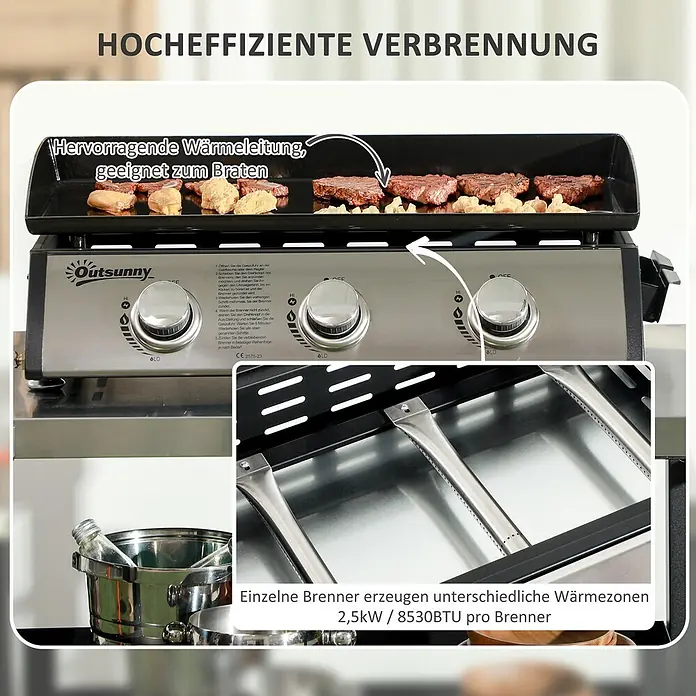 Outsunny Gasgrill - Anzahl Brenner: 3 Stk. - Gasgrill aus Edelstahl mit schwarzer Grillplatte und drei Bedienknöpfen. Darauf brät Essen.