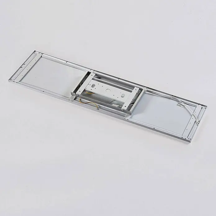 Arcchio LED-Panel Arthur - L x B x H: 119,5 x 29,5 x 4,5 cm, alu / grau / zink, weiß / opal, Neutralweiß - Rückansicht eines rechteckigen silbernen Metall-LED-Panels mit interner Verkabelung.