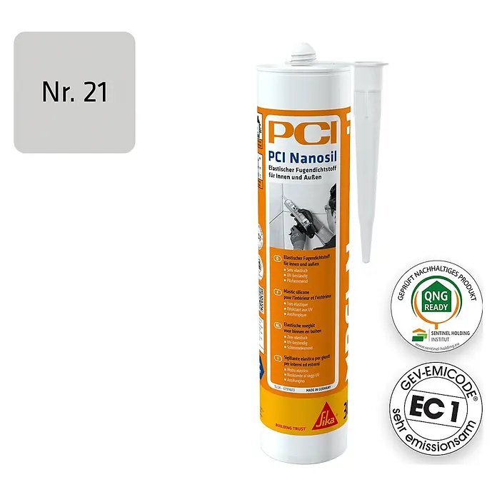 PCI Silikon Nanosil - Hellgrau, 300 ml - Grauer Kasten 'Nr. 21', orange-weiße PCI Nanosil elastische Fugendichtstofftube mit Düse.