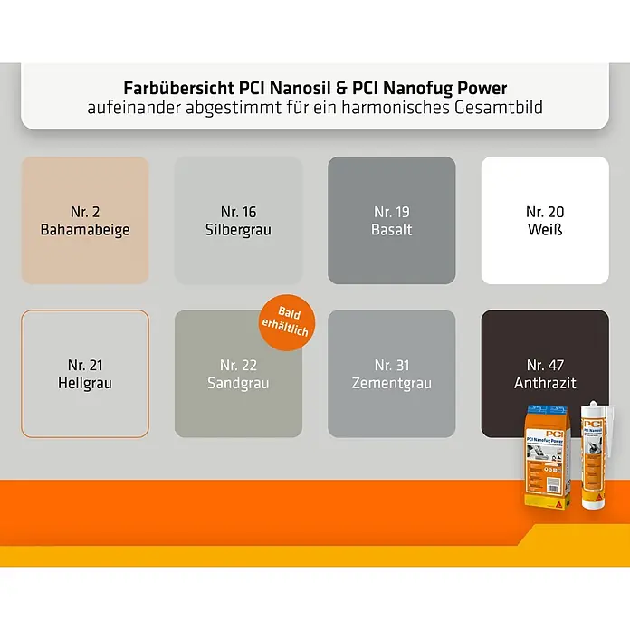 PCI Silikon Nanosil - Hellgrau, 300 ml - Farbübersicht PCI Nanosil & PCI Nanofug Power, zeigt verschiedene Farboptionen für Fugenmörtel und Dichtstoffe, mit Produktverpackung.