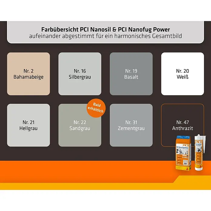 PCI Silikon Nanosil - Anthrazit, 300 ml - Farbübersicht PCI Nanosil & Nanofug Power mit 8 Farbtönen wie Weiß, Grau, Beige und Produktverpackungen.