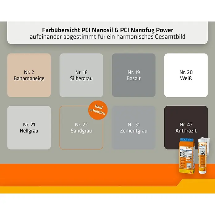 PCI Fugenmörtel Nanofug Power - Sandgrau, 4 kg - Farbübersicht PCI Nanosil & Nanofug Power, mit Farbmustern und Produktverpackungen.