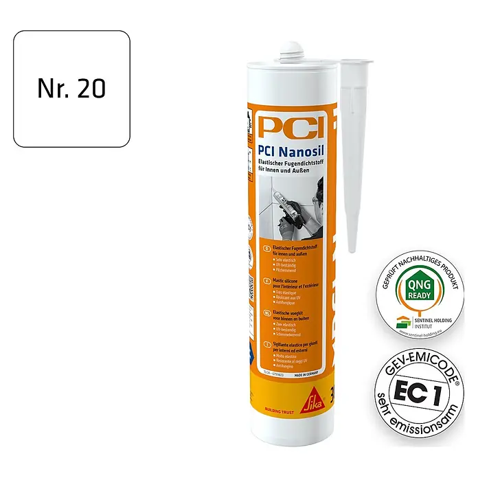PCI Silikon Nanosil - Weiß, 300 ml - Weiße und orange Kartusche PCI Nanosil elastischer Fugendichtstoff, mit Applikatordüse. Für Innen- und Außenbereich.