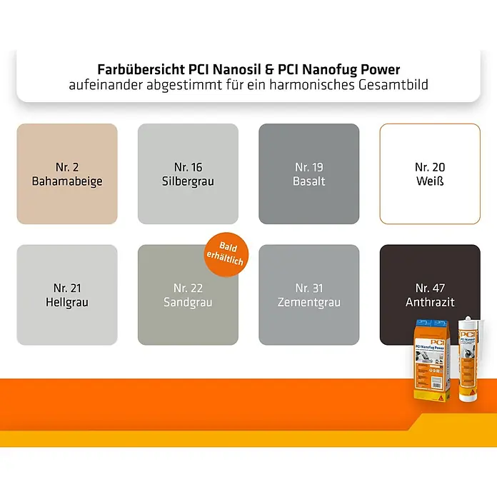 PCI Silikon Nanosil - Weiß, 300 ml - Farbübersicht für PCI Nanosil & Nanofug Power, mit verschiedenen Farbtönen wie Beige, Grau, Weiß und Anthrazit.