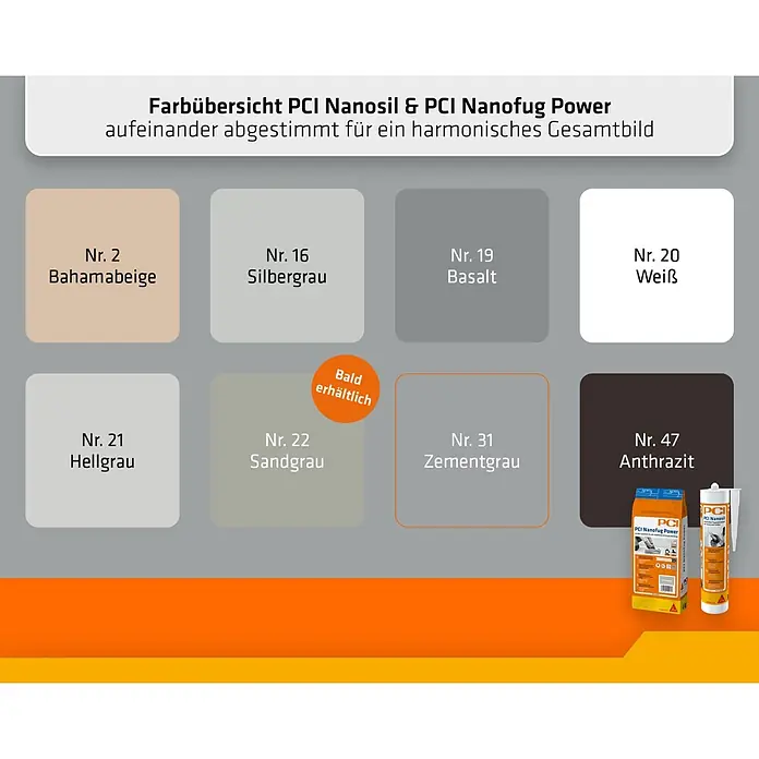 PCI Silikon Nanosil - Zementgrau, 300 ml - Farbübersicht für PCI Nanosil & Nanofug Power mit verschiedenen Beige-, Grau-, Weiß- und Anthrazittönen sowie Produktverpackungen.