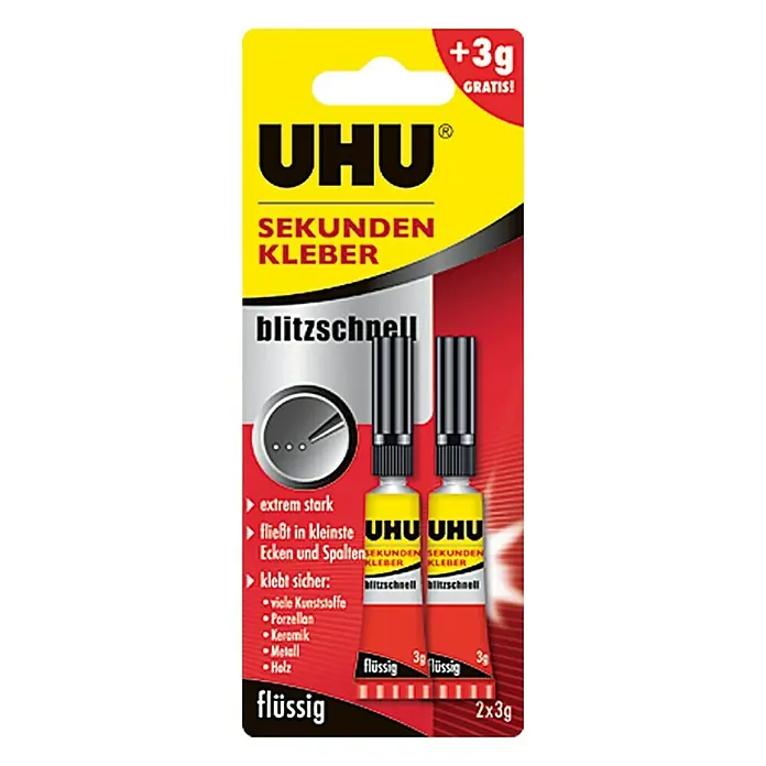 UHU Sekundenkleber Blitzschnell - Flüssig, Tube - Bild von UHU Sekundenkleber, blitzschnell, flüssig, 2x3g Packung. Der Kleber ist extrem stark und klebt sicher auf vielen Materialien.