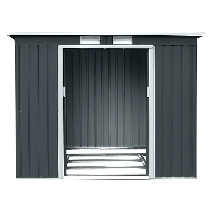 HATTORO Gerätehaus P100 213 ×130×173cm (LxBxH) - Außenbreite inkl. Dachüberstand: 213 cm, Außentiefe inkl. Dachüberstand: 130 cm, Stahl, Anthrazit - Dunkelgraues Metall-Gartenhaus mit weißem Besatz, offenen Schiebetüren und Lüftungsöffnungen, zeigt einen inneren Metallrahmen.