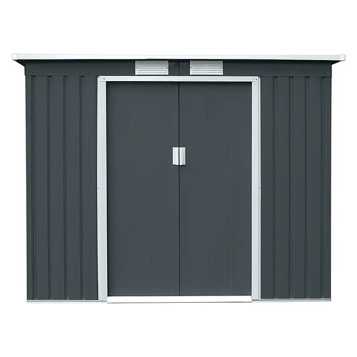 HATTORO Gerätehaus P100 213 ×130×173cm (LxBxH) - Außenbreite inkl. Dachüberstand: 213 cm, Außentiefe inkl. Dachüberstand: 130 cm, Stahl, Anthrazit - Dunkelgrauer Metall-Gartenschuppen mit weißem Rahmen, Doppeltüren und Lüftungsschlitzen.