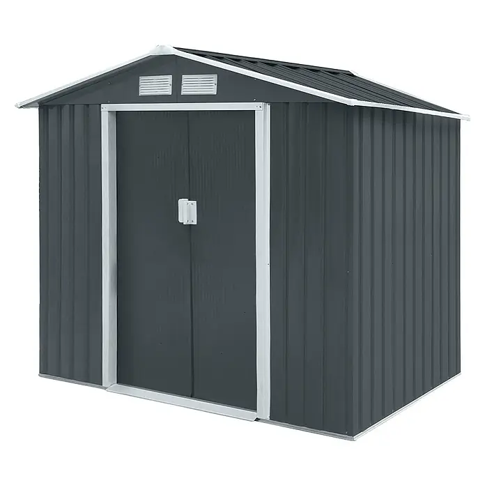 HATTORO Gerätehaus - Außenbreite inkl. Dachüberstand: 213 cm, Außentiefe inkl. Dachüberstand: 127 cm, Stahl, Anthrazit - Dunkelgraues Metall-Gartenhaus mit weißem Rahmen und Wellblechwänden, mit Doppeltür und Giebelentlüftungen.